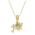Detail of a gold pendant necklace featuring an airplane and a colorful enamel camel charm. - Camel Pendant