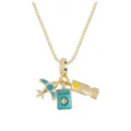 Detailed view of gold travel-themed charms featuring an airplane, passport, and ticket. - Airplane Pendant