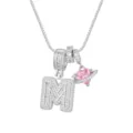 Collier argenté avec zircon cœur rose et pendentif lettre M étincelant de bijoux - Style Lettre Majuscule M / Chaîne Boîte 45+5cm / Argent
