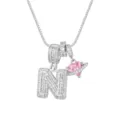 Collier argenté avec lettre N glacée et pendentif Saturne en forme de cœur rose - Style Lettre N / Chaîne Boîte 45+5cm / Argent