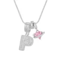 Collier argenté élégant avec lettre P en micro-pave et pendentif cœur Saturne rose - Style Lettre P / Chaîne Boîte 45+5cm / Argent