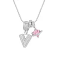 Élégant collier avec cœur en zircon rose et lettre V sertie, plaqué or blanc brillant - Style Lettre V / Chaîne Boîte 45+5cm / Argent