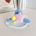 Pince à cheveux en peluche bleue mignonne avec étoile rose et pompons jaunes pour femme - Simple face / Pompon Jaune