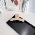 Beige plush ballet style large hair claw clip with white bow detail displayed on tray - Single Bow / L / Camel