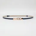 Dark blue patent leather thin belt with elegant pearl rhinestone flower buckle for women. - Blue
