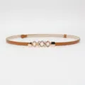 Slim patent leather belt for women with elegant pearl rhinestone buckle, brown color. - Camel