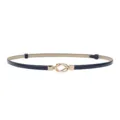 Women thin belt dark blue faux leather dress belt with gold metal knot buckle fashion - Blue