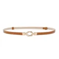 Slim brown leather belt for women with a chic gold knot buckle, perfect for dresses and coats. - Camel