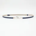 Women's dark blue thin leather belt with silver metal buckle, stylish accessory for dress. - Blue