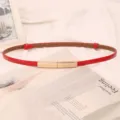 Elegant slim red leather belt for women featuring a minimalist gold-tone metal buckle. - Red