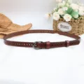 Women's genuine leather hollow belt, casual slim waist belt with metal buckle, stylish accessory. - Caramel color