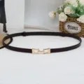 Cintura sottile da donna in pelle marrone scuro con fibbia dorata elegante per abito cappotto - Nero