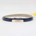 Women thin patent leather belt with metal buckle, minimalist waist accessory for dresses. - Blue