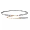 Cintura sottile in pelle intrecciata grigia con catena dorata e nappa, elegante accessorio. - Grigio