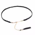 Black braided leather waist chain with gold metal chain and tassel for women dresses and coat. - Black
