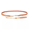 Brown braided leather waist chain with metal hook and tassel, elegant women dress belt accessory. - Camel