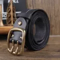 Cintura da uomo in vera pelle vintage con fibbia ad ardiglione doppio in ottone massiccio. - 105cm / Nero