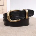 Cintura da donna in vera pelle con fibbia ad ardiglione in ottone retrò, nera casual. - Nero / 100cm