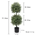 Detailed dimensions and scale of the double-ball artificial topiary tree in a black pot - Double Sphere Design / Total Height 91.44cm