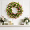 Vibrant colorful artificial gypsophila and eucalyptus wreath hanging on a white wall decor - 45CM (OPP Bag) / Pink
