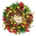 Lush Christmas wreath with LED lights, red ornaments, pine cones, and Merry Christmas sign - 35cm / Style C (With Lights)