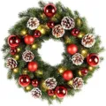 Pre-lit Christmas wreath with warm LED lights, red ornaments and snow pine cones - Style E (With Lights)