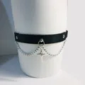 Gothic Y2K black leather leg garter with silver chain star pendant gothic jewelry detail view - Star Leg Garter / Black