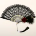 Gothic black lace folding fan with retro gold patterns, rose and feather prop for party. - Black Feather Wine Red Rose Lace Fan with Pendant