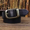 Men retro casual genuine leather belt with pin buckle classic vintage brass hardware for jeans - Black with Bronze Buckle