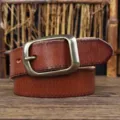 Retro casual men's top-layer cowhide leather belt with stylish metal pin buckle for jeans. - Khaki Copper Buckle