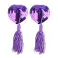 Purple sequin heart tassel pasties detail close up, intimate costume accessory sparkling design. - Purple Tassel Nipple Pasties