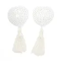 White heart-shaped tassel pasties, sexy sequin nipple covers for intimate adult fun. - White Tassel Nipple Covers