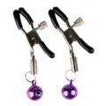 Adjustable metal nipple clamps with black rubber tips and purple hanging bells for adult couple fun. - Nipple Clamps with Bells
