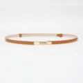 Women thin brown patent leather belt with gold metal buckle, stylish waist accessory for dress. - Camel