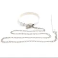 Detail view of white PU leather punk harajuku choker collar with bell and metal chain. - Choker and Leash Set / White Combo: Flat Bell Collar and Leash