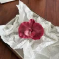 Large dark pink pleated silk orchid flower hair claw clip on white tissue paper - Duckbill Hair Clips / Red