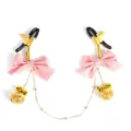 Metal nipple clamps with pink bows and golden bells, adjustable adult pleasure toy for women. - Pink