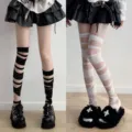 Y2K bandage socks Lolita style knee high black and white alternative hosiery variant - 2 Pairs Pack / Black + White