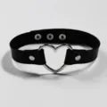 Gothic black leather heart choker necklace punk style metal ring collar for women and girls. - Heart Leather Buckle