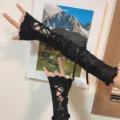 Black lace mesh arm sleeves with ribbons gothic y2k fashion gloves for women stylish accessories - One Size / Lace Long Style / Black