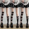 Y2K subculture black and white bandage knee high socks alternative goth leg warmers variant. - 3 Pairs Pack / Black