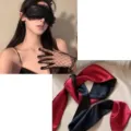 Black lace blindfold and ribbon sexy eye mask set for women, perfect for stylish party wear. - Black Eye Mask and Black-Red Ribbon Set / Black Red