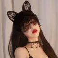 Black lace cat ear headband and eye mask detail, cute COS photo hair accessory for women. - Short Cat Ear Integrated Veil