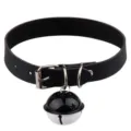 Black PU leather choker collar with metal rings and large bell for maid style cosplay. - Black