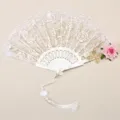 Retro court lace folding fan with gold rose embroidery, white tassel and rose prop for party. - White Lace Fan with Pink Rose and Pendant