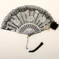Retro gothic black lace folding fan with embroidered white roses, tassel and cross prop. - Black Lace Black Rose Cross Fan with Pendant