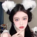 Fluffy animal ears headband, cute black and white plush cat fox hair hoop for cosplay. - White Outside & Black Inside