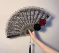 Retro court style black lace folding fan with red and black roses gothic tea party photography prop - Double Rose Black and Red Same Size with Pendant