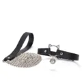 Black leather cat ear choker collar with bell and matching metal chain leash set. - Black