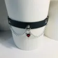 Lolita punk leather leg garter with silver chains and red heart pendant for women - Heart Leg Garter / Black